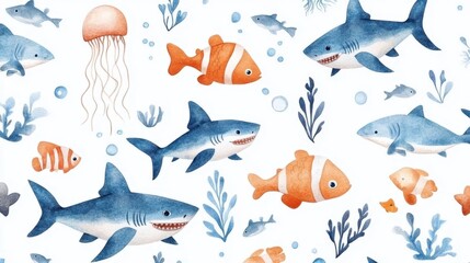 Obraz premium Seamless pattern with shark,fish,Marine Life element Animal Life in under sea world,Design for textiles,Watercolor seamless pattern with underwater world,shellfish,coral,Vector Cartoon illuration.