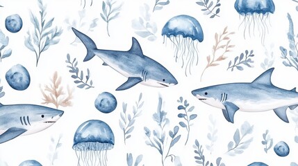 Obraz premium Seamless pattern with shark,fish,Marine Life element Animal Life in under sea world,Design for textiles,Watercolor seamless pattern with underwater world,shellfish,coral,Vector Cartoon illuration.