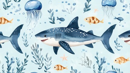 Obraz premium Seamless pattern with shark,fish,Marine Life element Animal Life in under sea world,Design for textiles,Watercolor seamless pattern with underwater world,shellfish,coral,Vector Cartoon illuration.