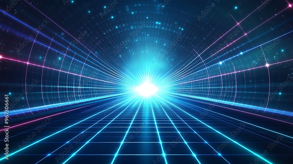 Poster a vibrant light tunnel with radiating neon lines creating a futuristic atmosphere and depth in a dig
