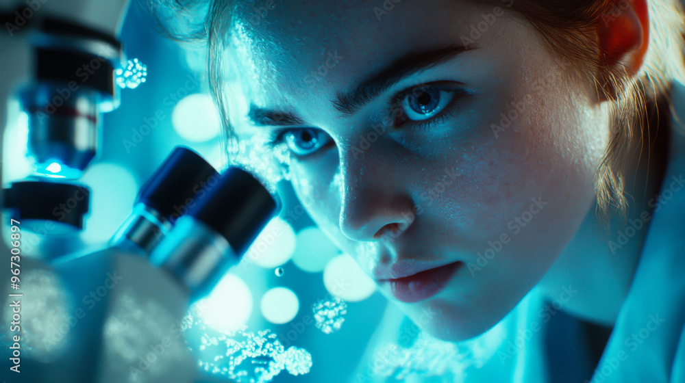 Poster young scientist examines samples closely using a microscope in a modern laboratory with vibrant ligh