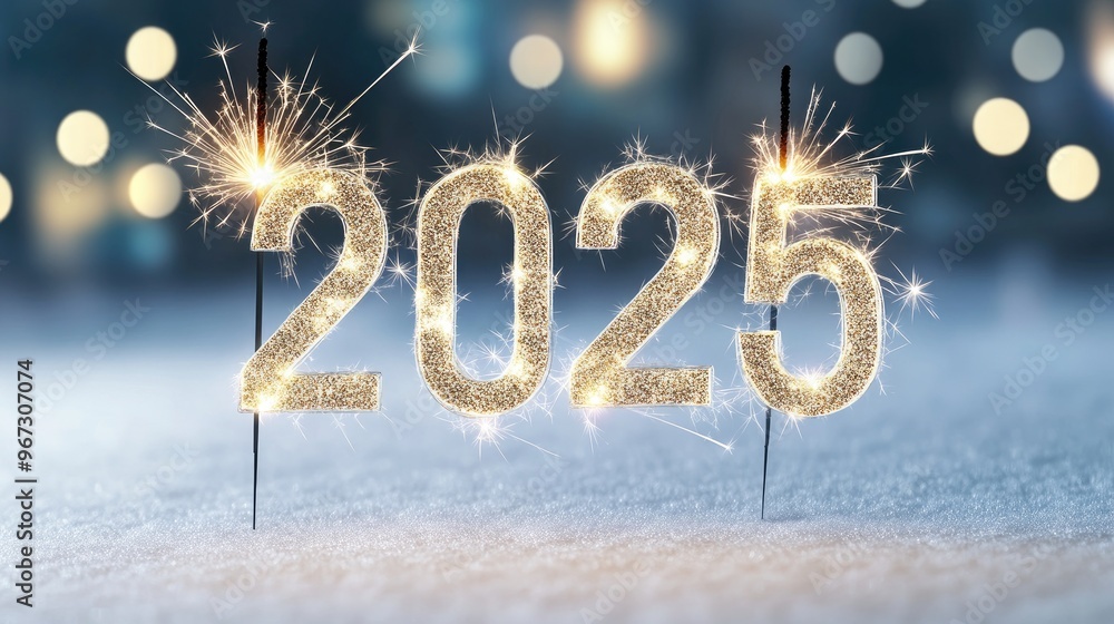 Poster celebrate the arrival of 2025 with sparkling golden numbers illuminated by a soft bokeh background f