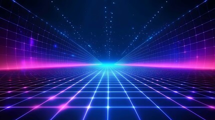 Obraz premium A vibrant retro futuristic landscape with neon lights, grid patterns, and an ethereal glow, ideal for technology and design themes.