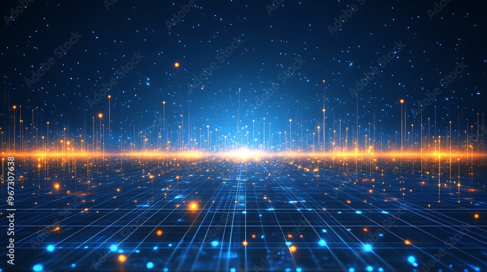 Poster a vivid digital landscape with glowing lines and particles, representing data flow and technological