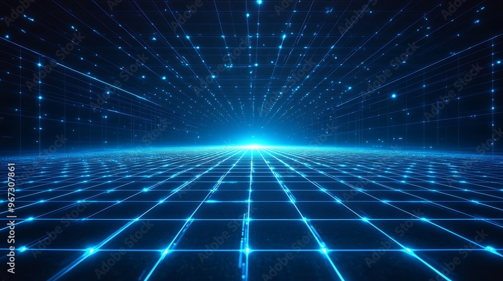 Poster abstract blue digital background with glowing grid and point lights, perfect for futuristic technolo