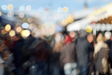 An out-of-focus photograph capturing the vibrant energy and hustle of a crowded public event or market with abstract colorful lights.