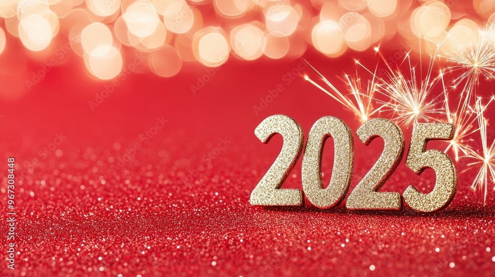 Poster a dazzling golden sparkler forms the year 2025 against a vibrant red backdrop with a bokeh effect, c