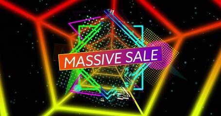 Animation of massive sale text and shapes moving on black background - Powered by Adobe