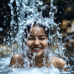 Happy Girl Under Waterfall  Splashing Water  Joyful  Fresh  Nature