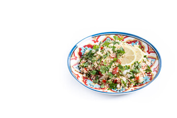 Tabbouleh salad with couscous isolated on white background. Copy space