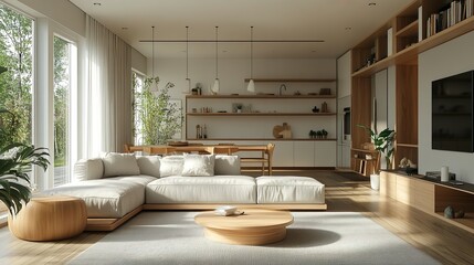 Fototapeta premium Minimalist living room featuring modern furniture and soft neutral tones for a chic stylish feel.