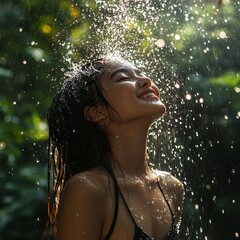 Obraz premium Happy Woman Enjoying Rain Shower in Nature