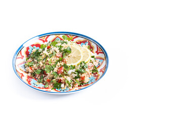 Tabbouleh salad with couscous isolated on white background. Copy space