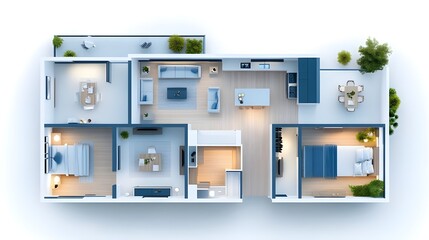Floor plan of a house top view 3D illustration. Open concept living appartment layout 