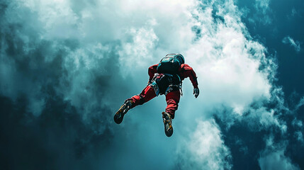 A man in a red suit is flying through the air. The sky is cloudy and the man is wearing a backpack