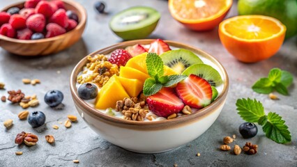 A colorful arrangement of exotic fruits and granola atop a creamy base, set against a clean and minimalist background, evoking a sense of wellness and refreshment.