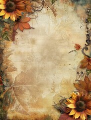 Autumn themed background with sunflowers and leaves, featuring warm tones of brown, orange, and yellow, creating a rustic feel