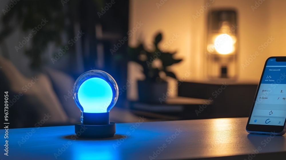 Poster a close-up of a smart light bulb with a glowing blue ring, placed on a modern desk with a control ap