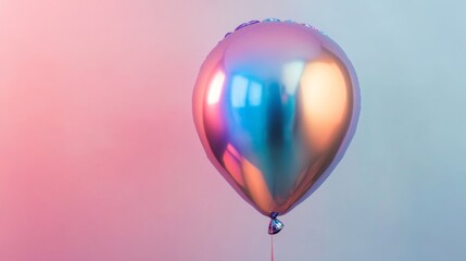 A close-up of a single, shiny metallic balloon with a reflective surface, capturing its texture and vibrant color against a simple backdrop.