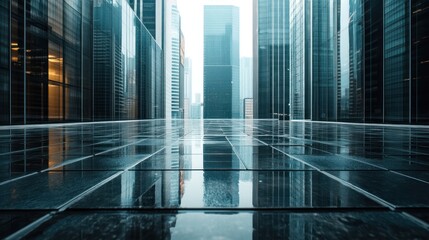 Panoramic view of an empty square floor with modern city commercial buildings as a backdrop