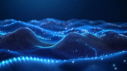 Abstract digital landscape with glowing blue waves and particles, creating a mesmerizing flow in a dark background.