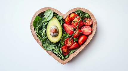 The image shows a heart-shaped image of ketogenic low-carb diet concept ingredients displayed against a white wooden background.