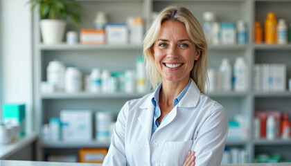 A confident, middle-aged female pharmacist stands behind the counter in her bright, organized pharmacy