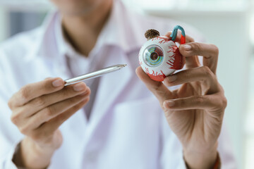 An elderly Asian woman visits an ophthalmologist at a clinic for an eye exam, addressing conditions...