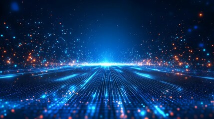 Naklejka premium Abstract digital landscape with glowing particles, vibrant colors, and depth perception, ideal for futuristic themes and tech concepts.