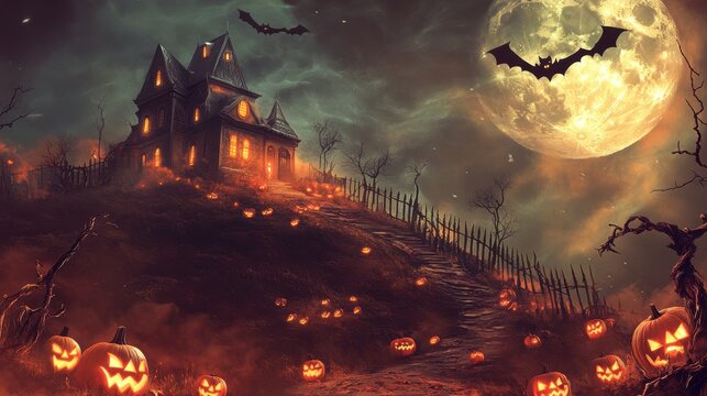 Eerie_Halloween_night_scene, hauntet halloween house, bates and moon