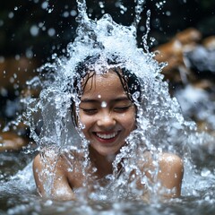 Obraz premium Happy Girl Splashing Water in a River