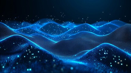 Abstract visualization of a glowing blue wave, representing data flow and digital innovation in a futuristic environment.