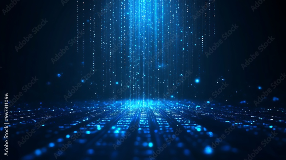 Aufkleber an abstract digital background featuring cascading blue lights and shimmering particles, perfect for