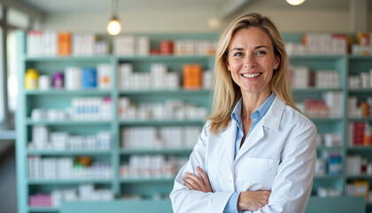 A confident, middle-aged female pharmacist stands behind the counter in her bright, organized pharmacy