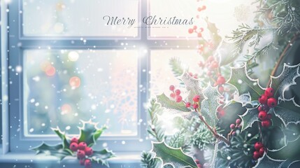 Christmas website banner, "Merry Christmas" across the top, frosted windows with holly, large copy space below, soft winter light, close-up. 