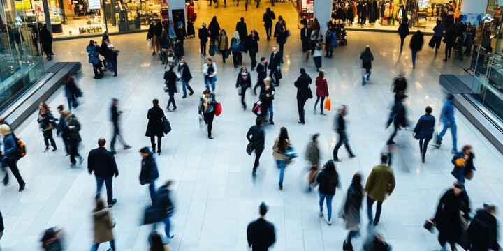 Busy mall interior with shoppers walking and enjoying leisure activities in the evening