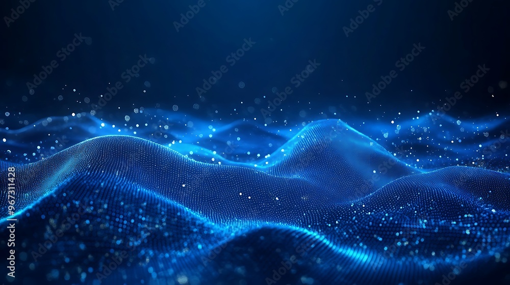 Poster an abstract representation of blue waves illuminated by shimmering particles, creating a tranquil an