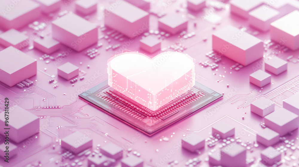 Poster a glowing heart shape embedded in a circuit board design symbolizes the fusion of technology and lov