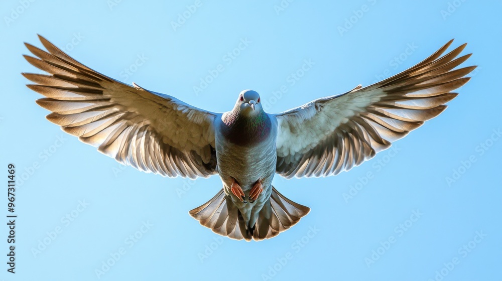 Poster a close-up shot of a bird in mid-flight with wings spread wide, capturing the detail of feathers aga