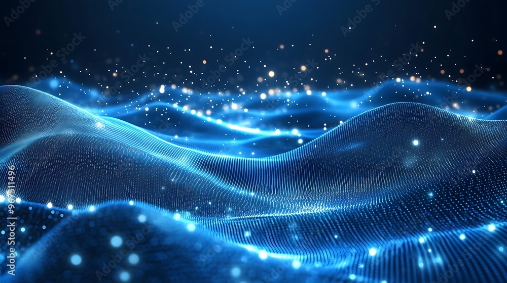 Poster an abstract representation of shimmering blue waves, illuminated by sparkling particles, creating a 