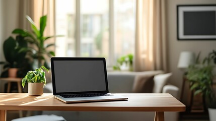 Fototapeta premium A minimalist home office setup featuring a laptop on a wooden desk, with a small potted plant and natural lighting.