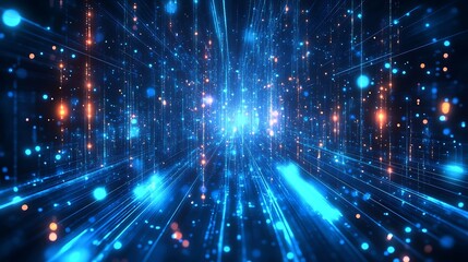 Obraz premium An abstract representation of light beams and particles creating a stunning visual effect in space with vibrant colors.