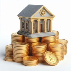A bank on top of gold coins, isolated on a white background, representing savings and investment
