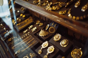 A display of various gold jewelry pieces in a showcase, each item meticulously arranged to highlight its intricate design and luxurious appeal.