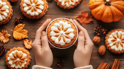 Top view of fall shaped pumpkin spice cakes and hands holding latte. 