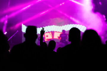 Crowd at concert and colorful stage lights.