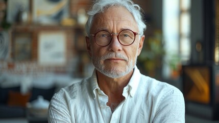 Close-up portrait of handsome senior man with greying hair.