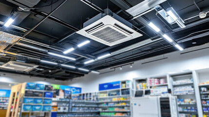 Modern ceiling air conditioning unit in retail store, showcasing well lit environment with shelves stocked with various products. design emphasizes functionality and comfort