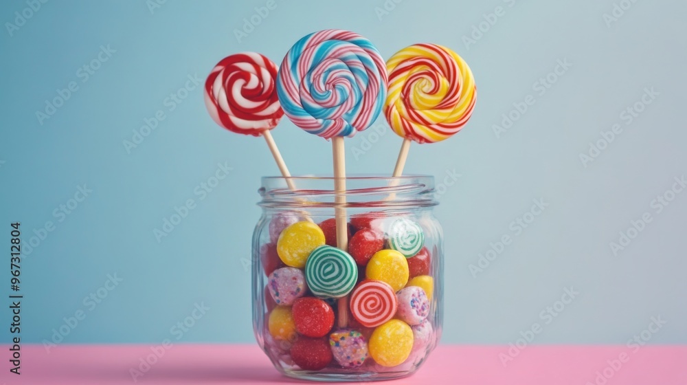 Poster a collection of lollipops in a glass jar, with a few sticks poking out, creating a nostalgic and fun