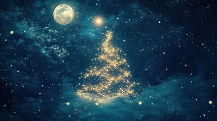 Christmas lights floating in the night sky, starry background and full moon, surreal and magical holiday atmosphere. Christmas